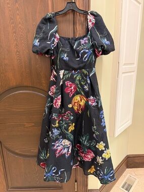 Black Floral Puff-Sleeve Flower Print Womens Dress